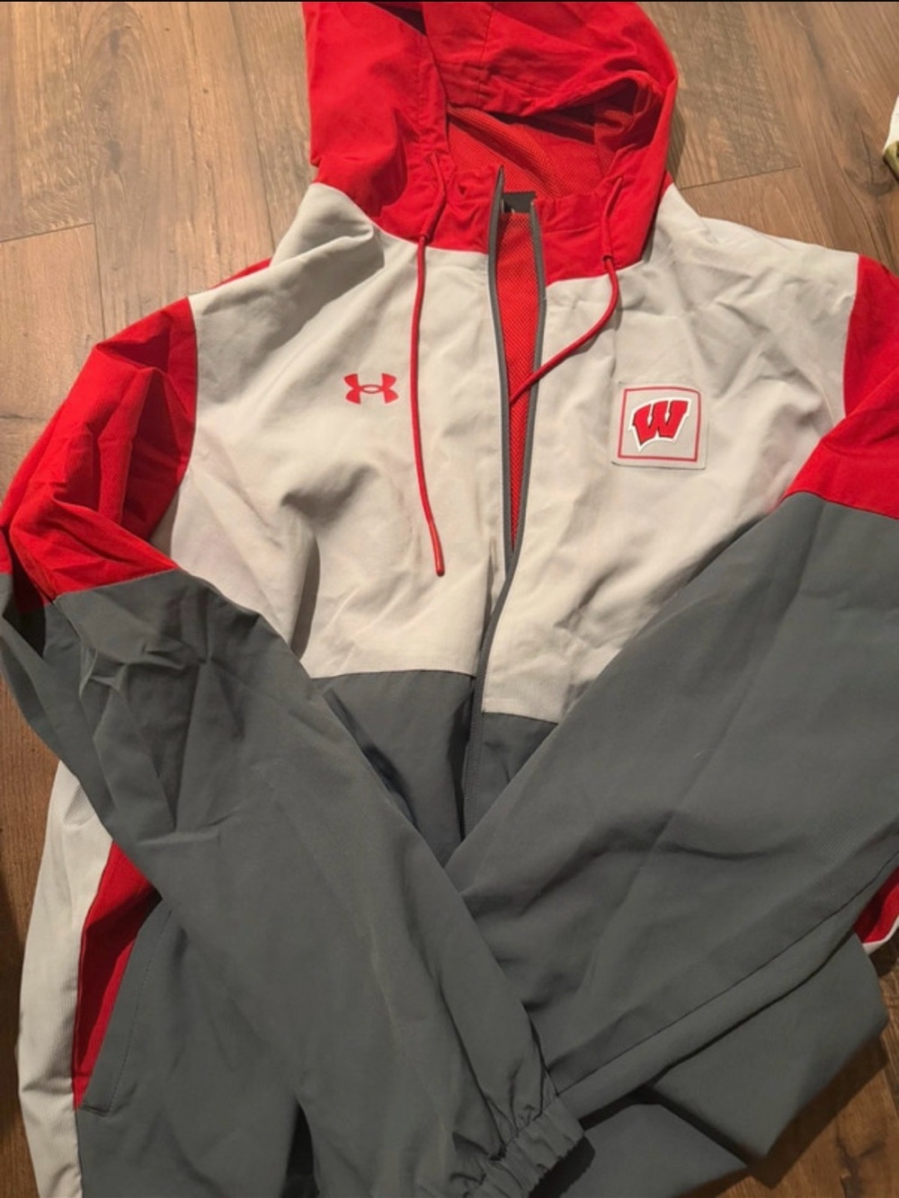 Under Armour Red, White & Gray Hooded Windbreaker with Wisconsin 'W' Patch